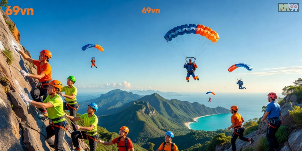 Hình minh họa khái niệm thể thao cực hạn 69vn với các hoạt động mạo hiểm hấp dẫn